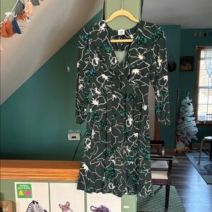 CAbi Black Floral Long Sleeve Wrap Dress with Teal Accents